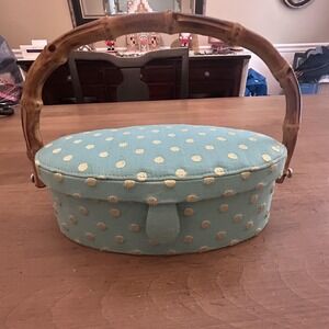 Blue Polka Dot Purse Oval Fabric Bamboo Handle Mirror Pockets Vanity *SPOTS